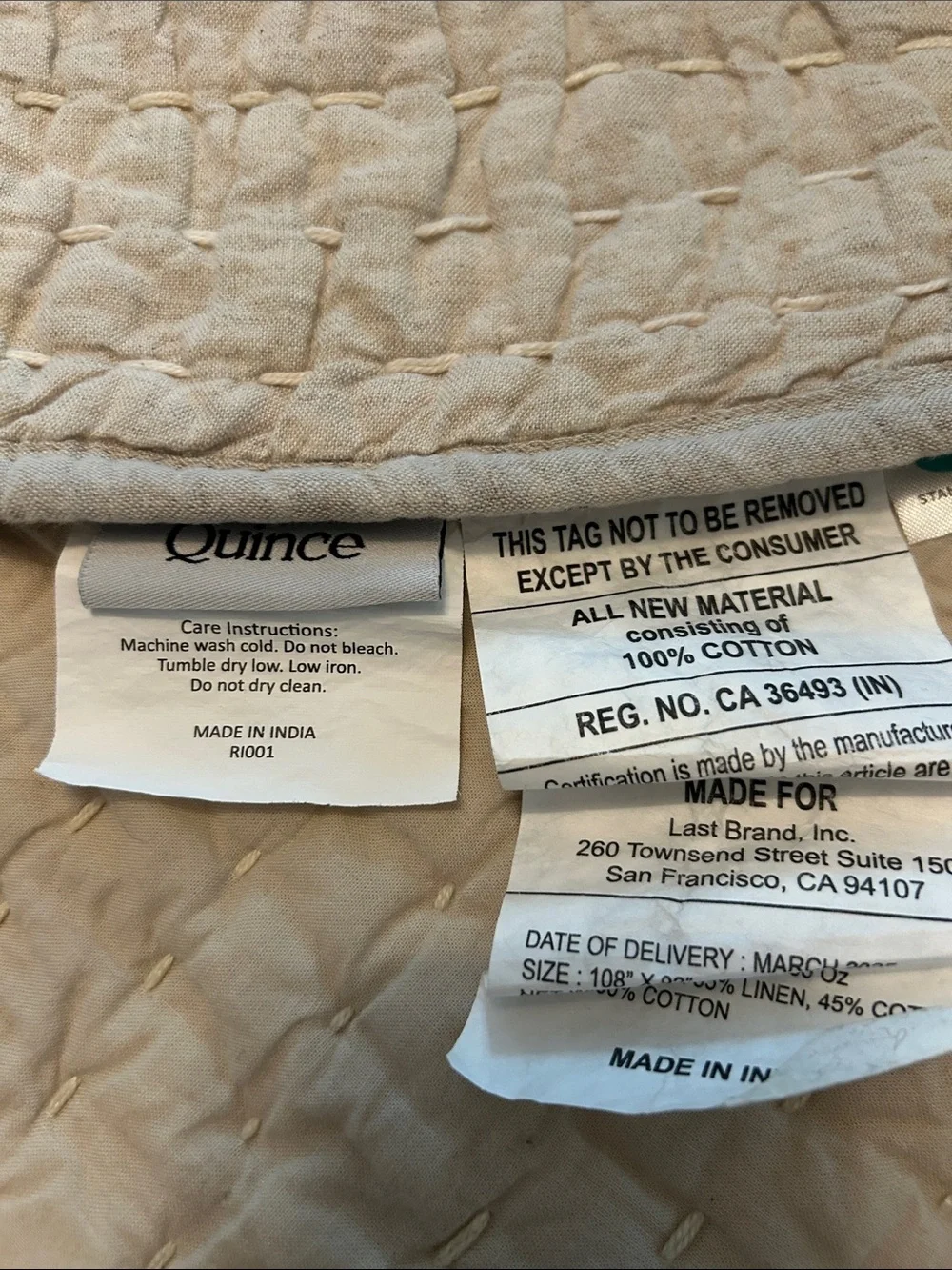 Quince Cotton Linen European Stitched Quilt/Blanket - King/Cal King - Natural
